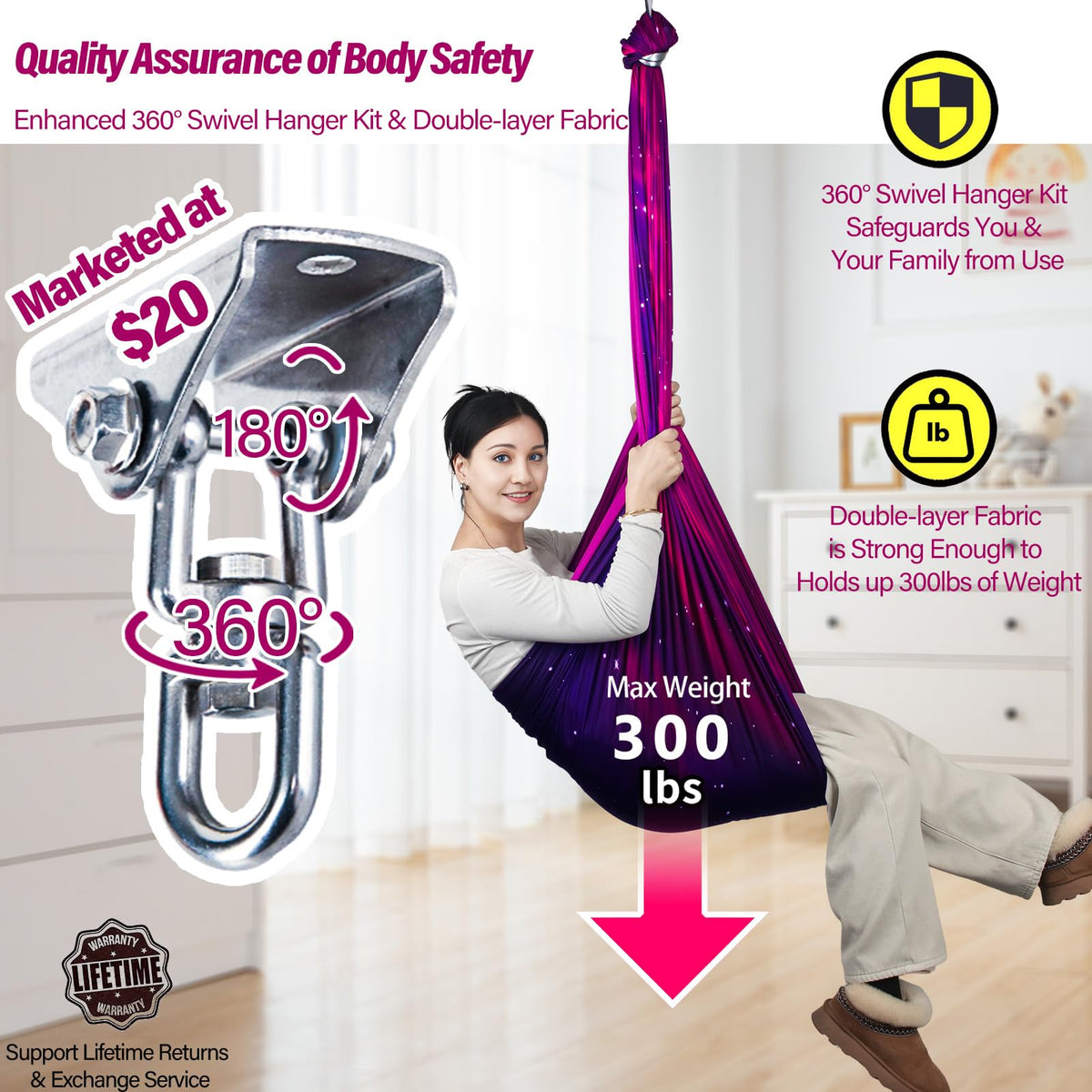 Sensory Swing for Kids & Adults Holds up to 300lbs Indoor & Outdoor Double Layer Therapy Cuddle Swing with 360° Swivel Hanger Kit for Calming, Effect for Autism, ADHD or SPD. (Galaxy Purple) Yatoco