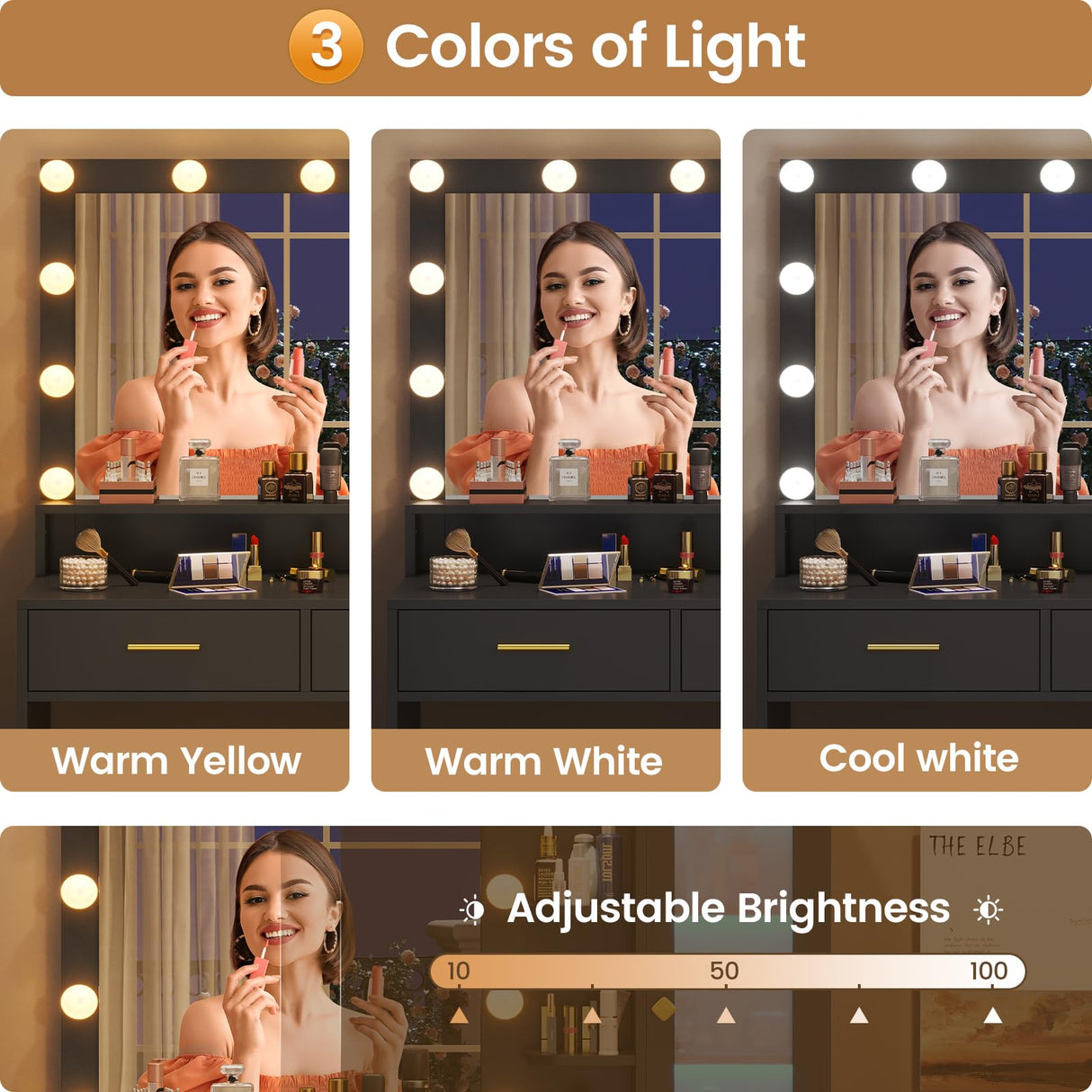 HAUOMS Large Makeup Vanity with Lights Vanity Desk with Mirror, Modern Vanity Table Set with Drawer Dresser, Charging Station & RGB Cabinets, Makeup Desk with 5 Drawers and Storage Shelves, Black HAUOMS