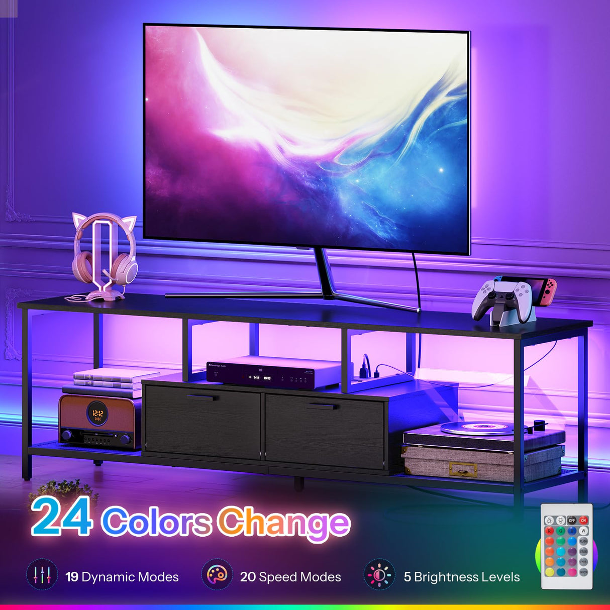 HOOBRO TV Stand with LED Light and Power Outlets for TVs up to 65 Inch, TV Media Console with Double-Door Cabinet, Gaming Entertainment Center for Living Room Bedroom, Black BB48UDDS01 HOOBRO