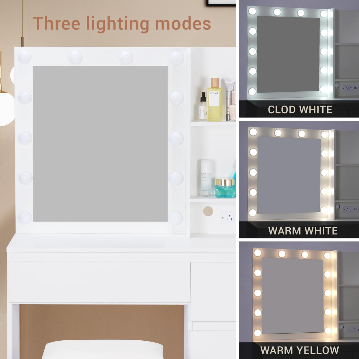Lynxor Vanity Desk with Mirror and 12 LED Lights, Makeup Vanity Table with USB & Power Outlets, Spacious Storage Drawers, Shelves, and Cushioned Stool, Perfect for Bedroom, Hairdryer Holder, White Lynxor