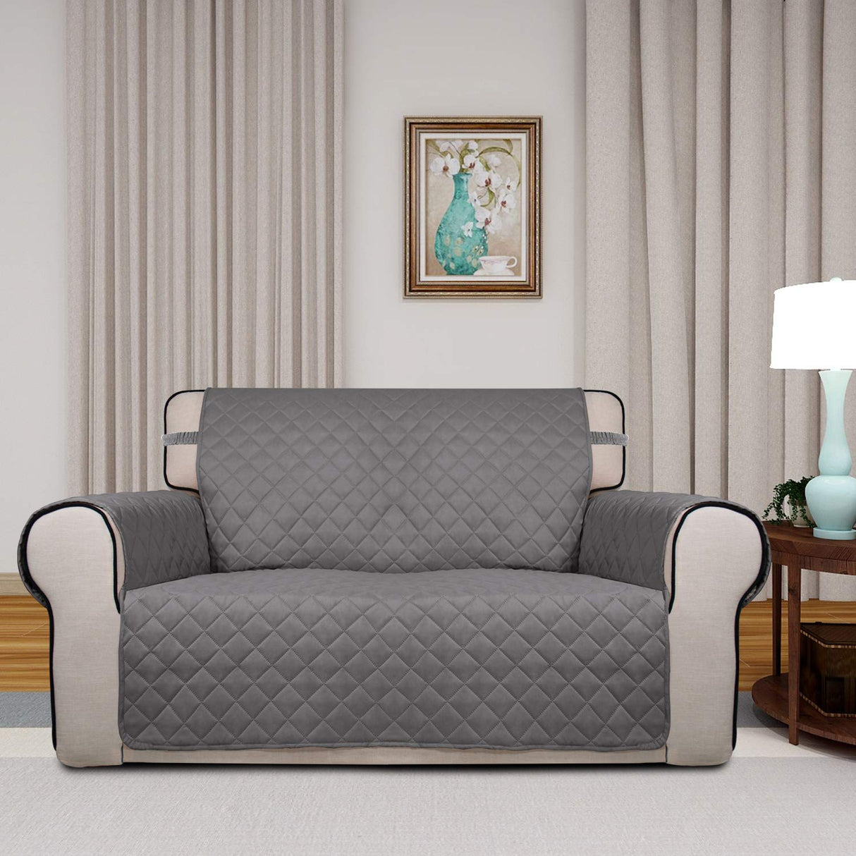 PureFit Reversible Quilted Sofa Cover, Water Resistant Medium Slipcover Furniture Protector, Washable Couch Cover with Non Slip Foam and Elastic Straps for Kids, Dogs, Pets (Loveseat, Gray/Light Gray) PureFit