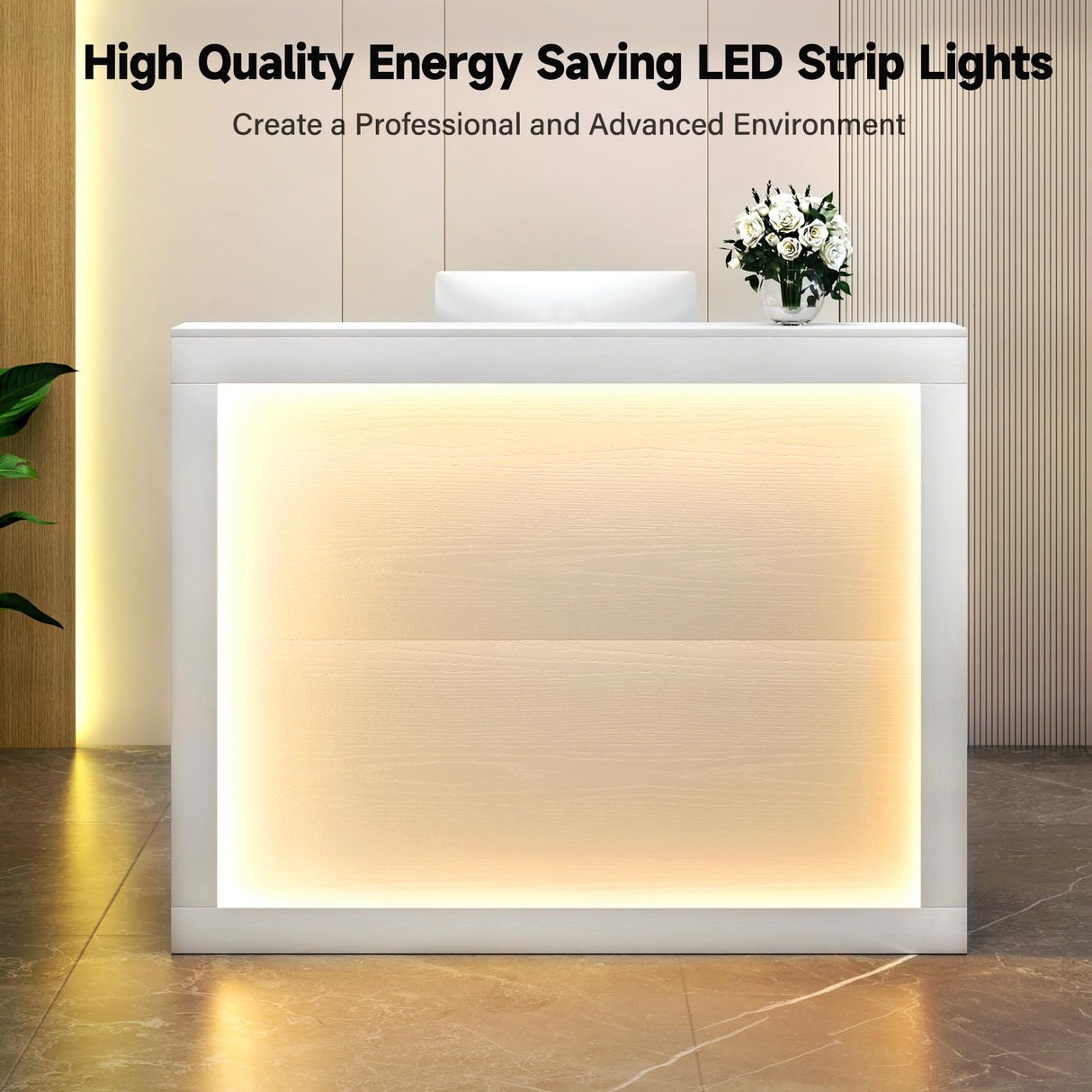 TC-HOMENY Reception Desk with LED Lights, 55'' Retail Counter Modern with Storage Shelves and Cable Grommet, Front Table, Salon Desk, Office Table,White TC-HOMENY