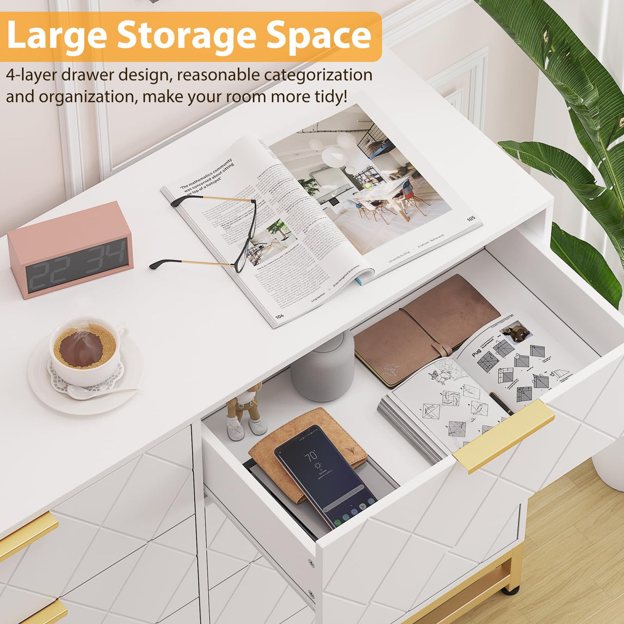 Patikuin 8 Dresser for Bedroom Wooden with 8 Drawer, Chest of Drawers Wide Dresser with Metal Handle, White Dresser for Bedroom,Living Room,Hallway and Entryway Patikuin