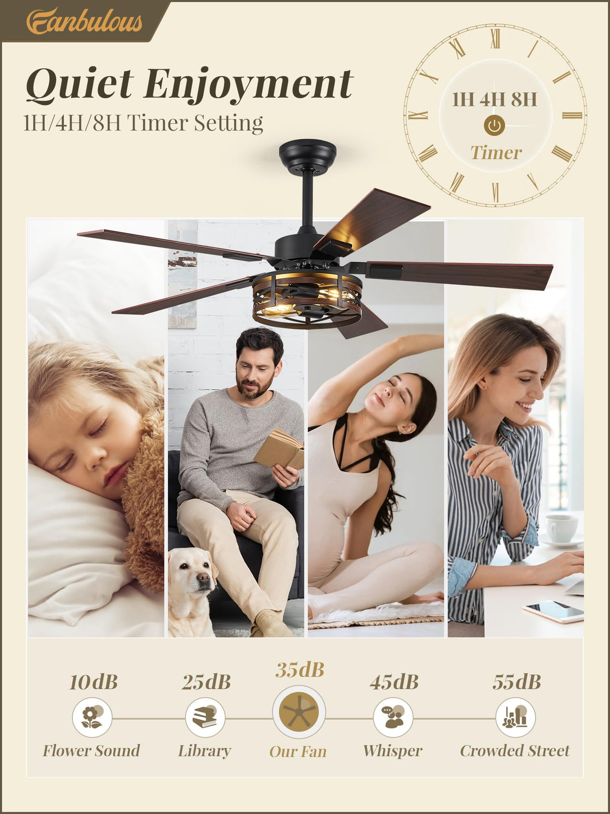 Farmhouse Ceiling Fans with Light, 48 Inch Bedroom Ceiling Fan with Lights, 6-Speed Adjustable, Quiet and Reversible DC Motor, Dual Finish 5 Blades, Rustic Caged Ceiling Fan for Living Room Fanbulous