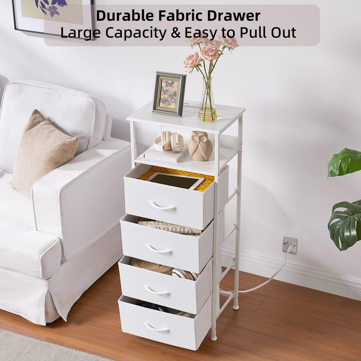 Somdot White Nightstand with Charging Station and LED Light for Bedroom, Tall 4 Drawers Dresser with Fabric Bins for Bedside Kids Dorm Room Closet Laundry Entryway, White Leather Somdot