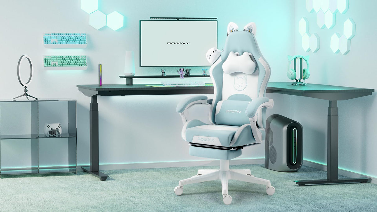 Dowinx Gaming Chair Cute with Cat Ears and Massage Lumbar Support, Ergonomic Computer Chair for Girl with Footrest and Headrest, Comfortable Reclining Game Chair 290lbs for Adult, Teen, Blue Green Dowinx