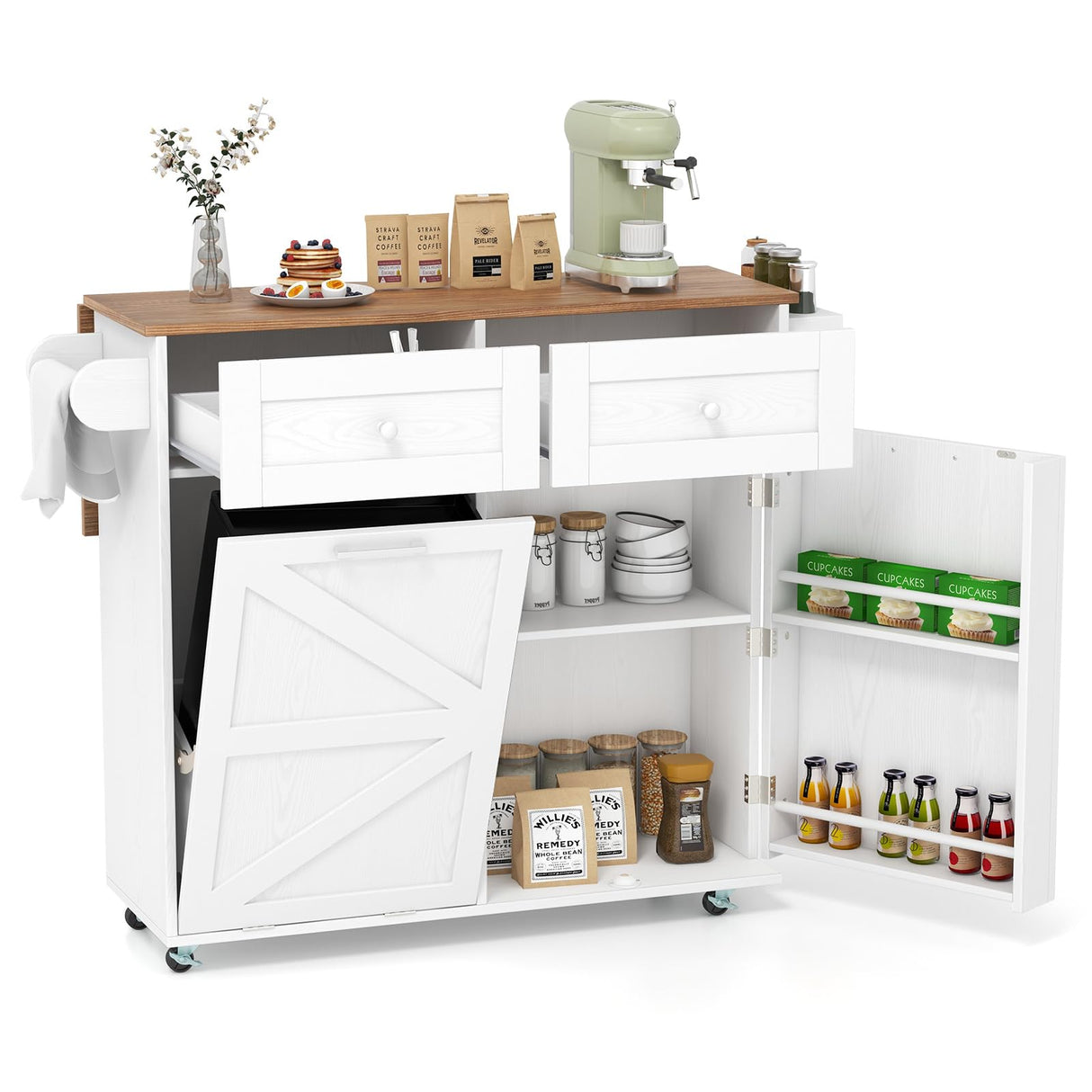 GOFLAME Kitchen Island Cart with Drop Leaf, Rolling Kitchen Cart on Wheels with Tilt Out Trash Can Cabinet, 2 Drawers, Storage Cabinet, Towel Rack & Spice Rack, Mobile Serving Trolley Cart, White GOFLAME