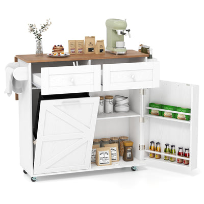 GOFLAME Kitchen Island Cart with Drop Leaf, Rolling Kitchen Cart on Wheels with Tilt Out Trash Can Cabinet, 2 Drawers, Storage Cabinet, Towel Rack & Spice Rack, Mobile Serving Trolley Cart, White