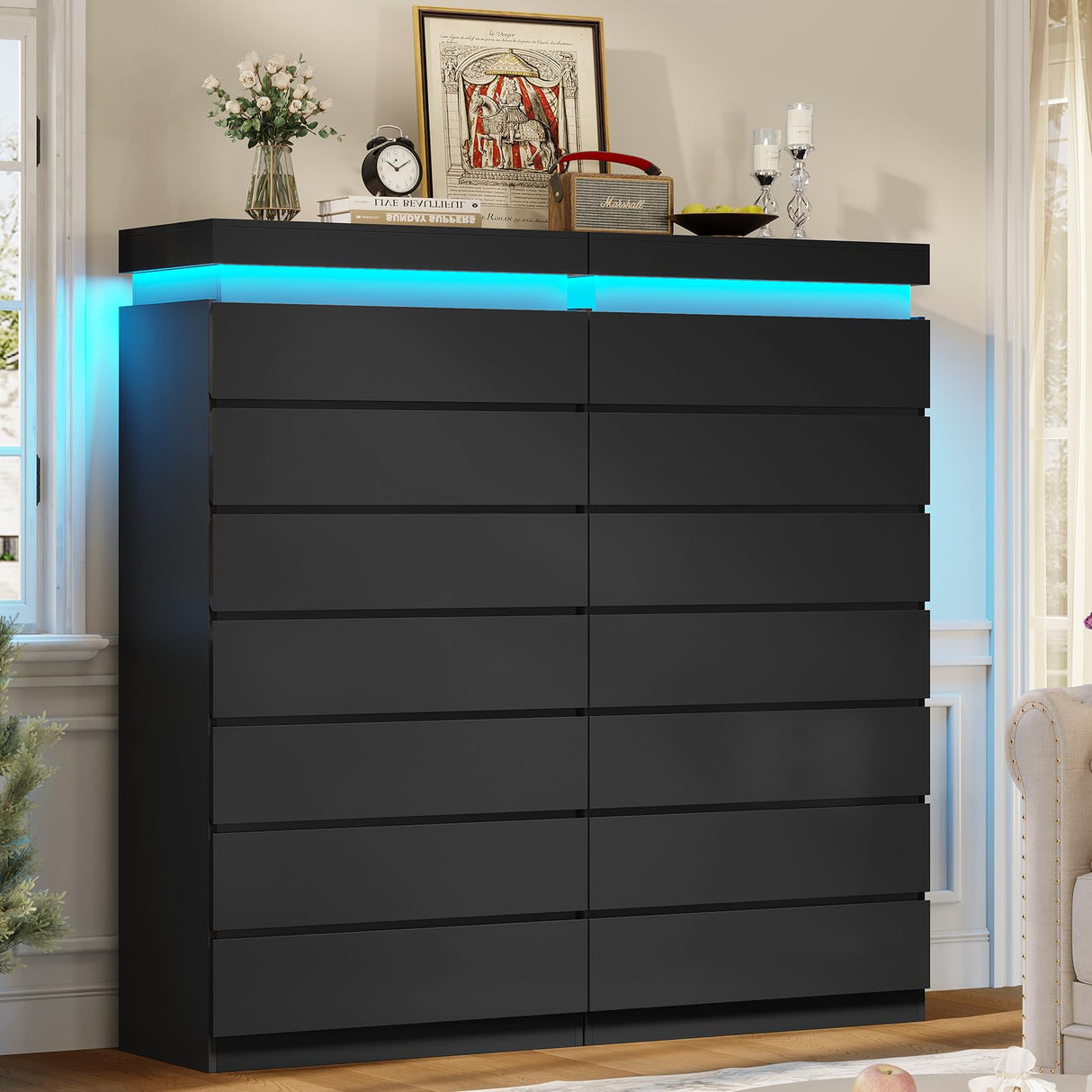 HAUOMS Tall 7 Drawer Dresser with LED Light, Black Modern Chest of Drawers for Bedroom,Closet Dressers with Drawers for Living Room, Entryway, Hallway HAUOMS
