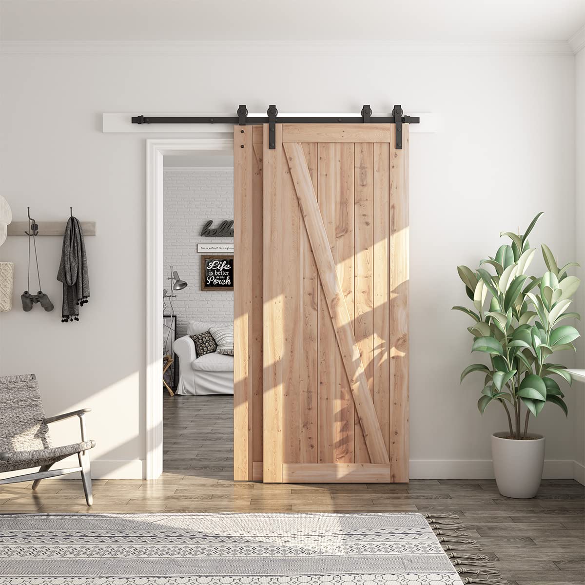 SMARTSTANDARD 6 Feet Bypass Sliding Barn Door Hardware Kit - for Double Wooden Doors-Single Track - Smoothly & Quietly - Easy to Install-Fit 60" Opening SMARTSTANDARD