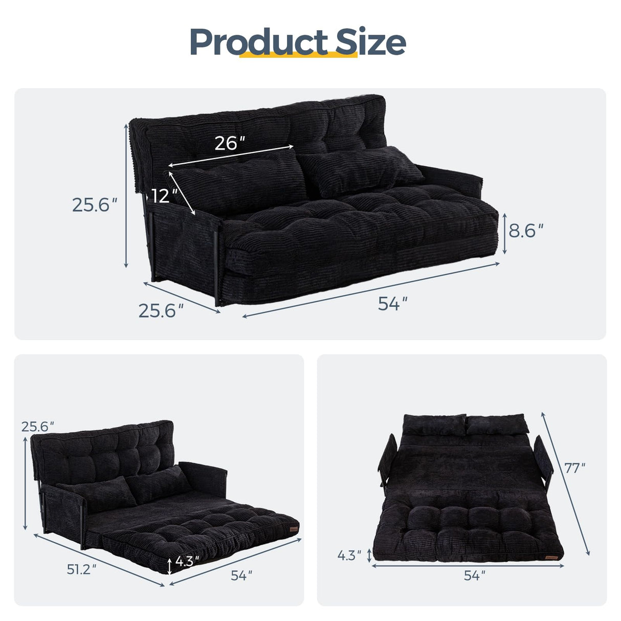 MAXYOYO Adjustable Floor Sofa Couch with 2 Pillows, Multi-Functional Bean Bag Bed, 5-Position Foldable Lazy Sofa Sleeper Bed with Armrest, Versatile Floor Seating for Reading, Black, Double MAXYOYO