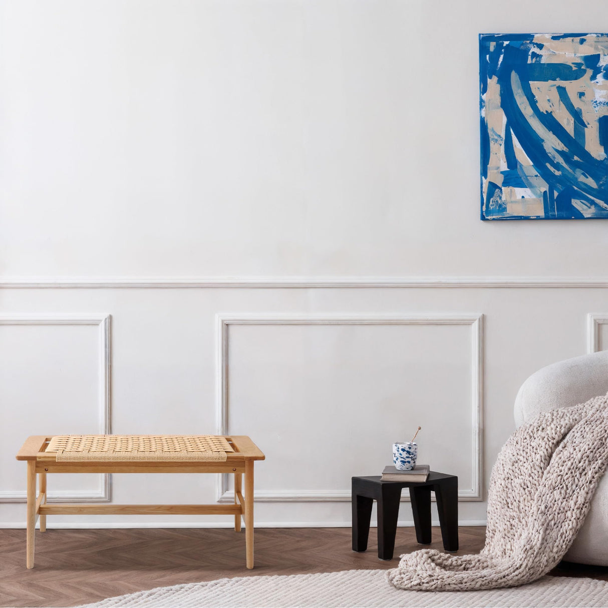 33.5" L Wood Dining Bench Indoor, 100% Natural Solid Oak Bed Bench Hand Woven Enterway Bench Small Bench for Dining Room, Bedroom, Kitchen (Natural) OGMILL