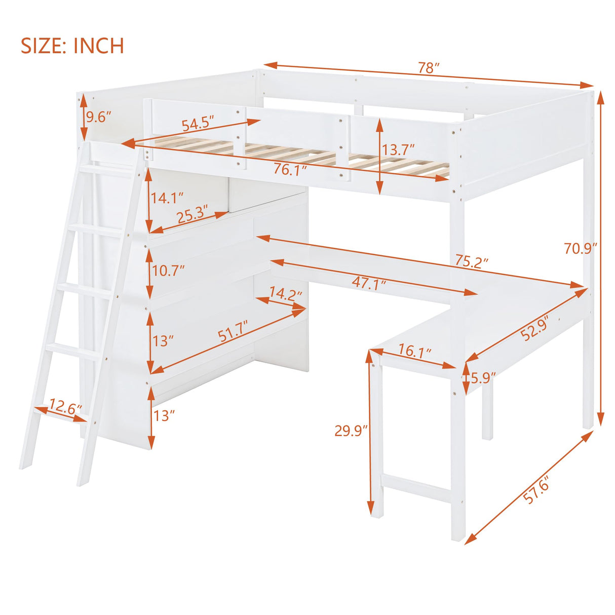 Merax White Full Loft Bed with Integrated Desk and Bookshelf – Space-Saving Solid Pine Design Merax