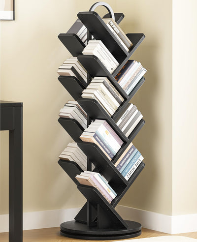 TVU 18-Tier Tree Rotating Bookshelf, 360 Degree Spinning Standing Bookcase for Magazines DVDs Books, Corner Bookcase for Living Room Bedroom Study (Black)