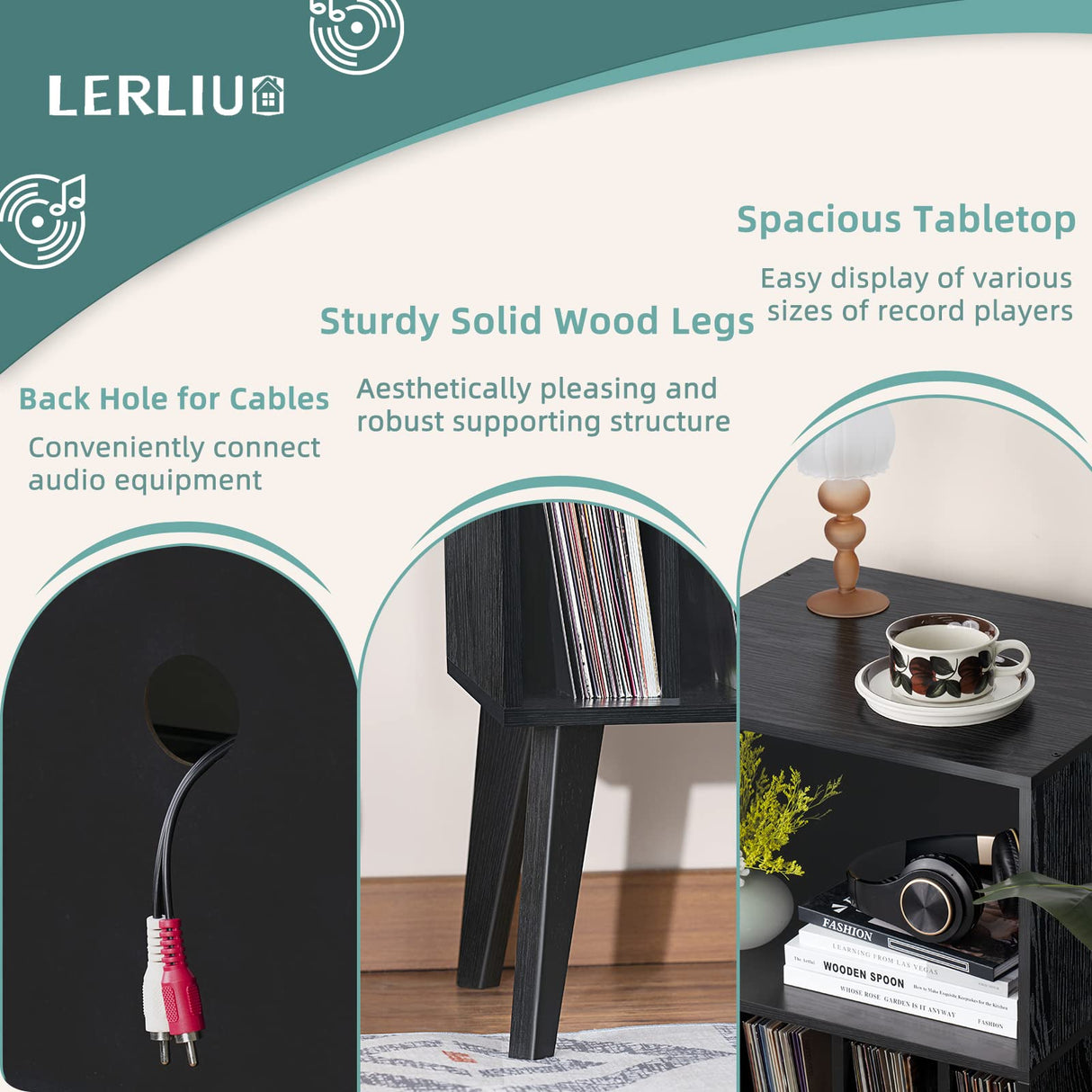 Lerliuo Record Player Stand, Black Turntable Stand Holds up to 160 Albums, Mid-Century Vinyl Storage Cabinet Table with Solid Wood Legs, Record Player Holder Dispaly Shelf for Bedroom Living Room Lerliuo