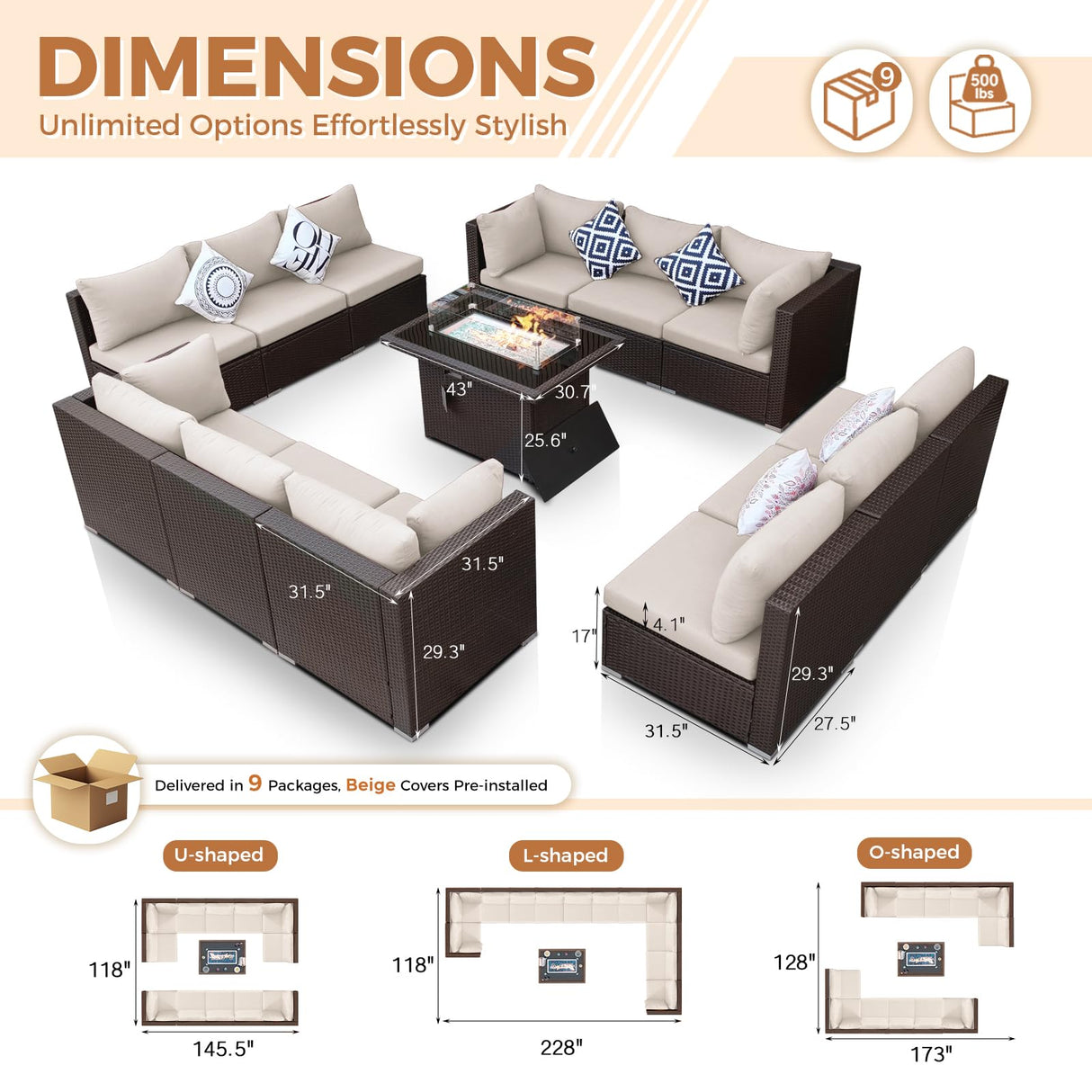 BULEXYARD 13 Piece High Back Wicker Patio Furniture Sets with Fire Pit, All-Weather Heavy Duty Outdoor Seating Set Modular, Extra Deep Wide 12-Person Sectional Couch Sofa for Backyard, Brown & Beige BULEXYARD