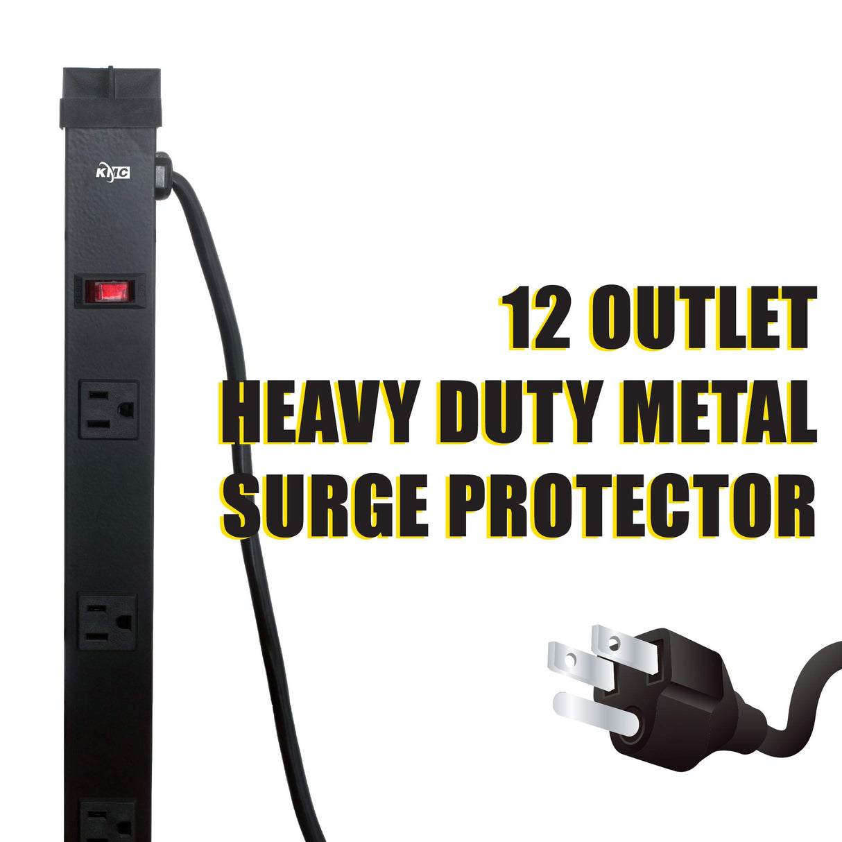 KMC 12 Outlet Heavy Duty Metal Surge Protector Power Strip with 6-Foot Long Extension Cord, 125V/15A, Black KMC
