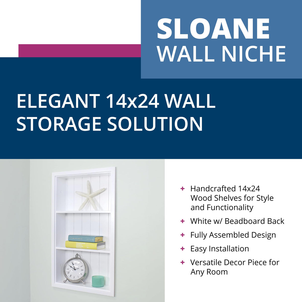 Fox Hollow Furnishings 14x24 Sloane Recessed Wall Niche Medicine Cabinet Replacement, in The Wall Bathroom Cabinet Insert Shelf/Shelves, Made in North America, Real Wood, NO MDF, White Beadboard Back Fox Hollow Furnishings