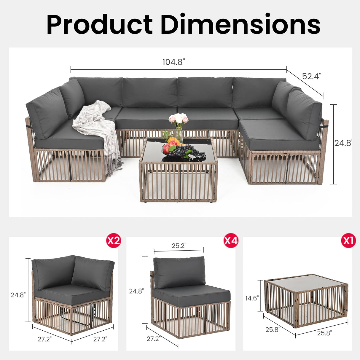 Pamapic 7 Pieces Outdoor Sectional, All-Weather PE Rattan Patio Furniture Set, Outdoor Furniture Set with Washable Cushions Covers, Brown Rattan, Gray Cushion Pamapic