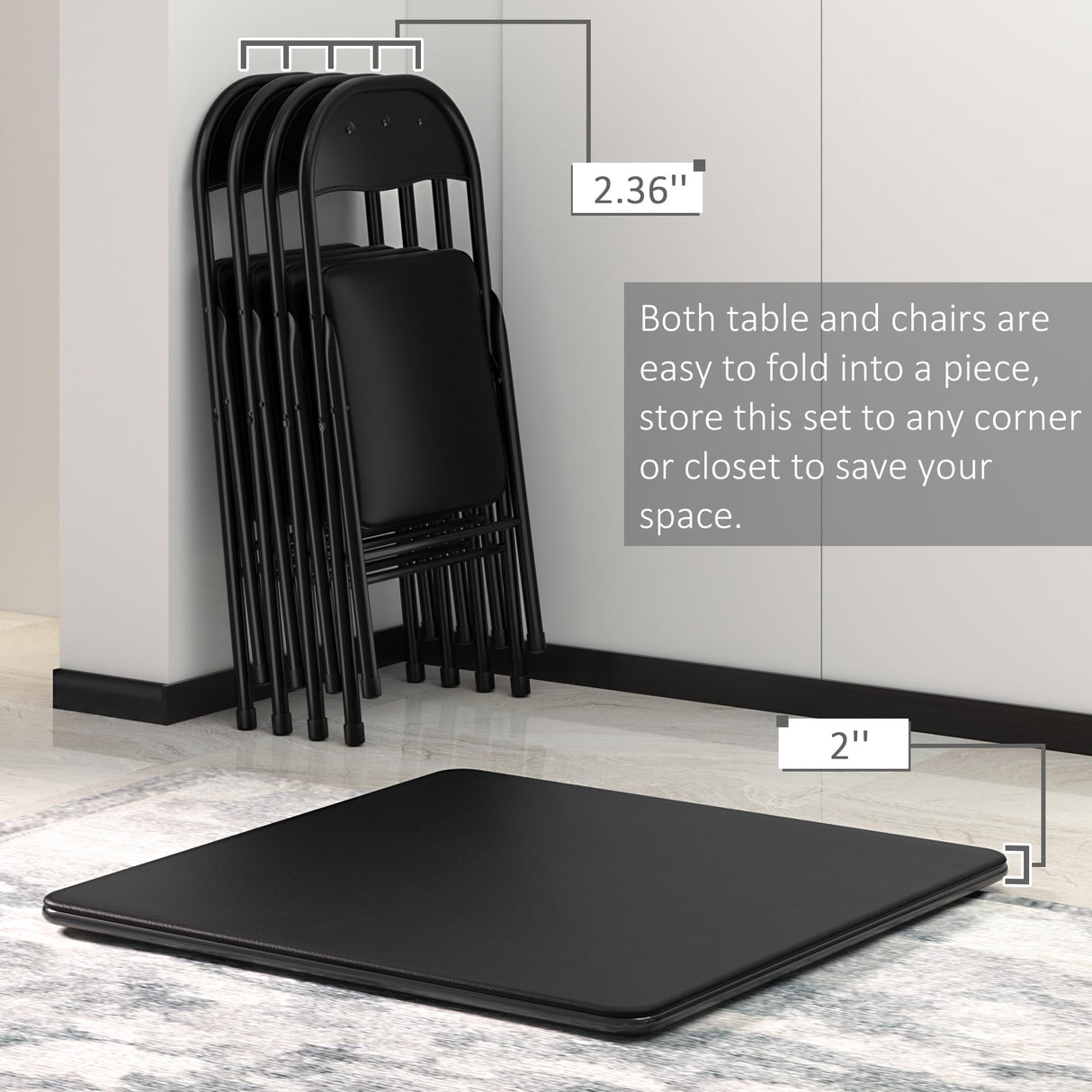 VECELO Folding Card Table and Chair Set of 5 Foldable with Padded Upholstery Tabletop, Metal, Black VECELO