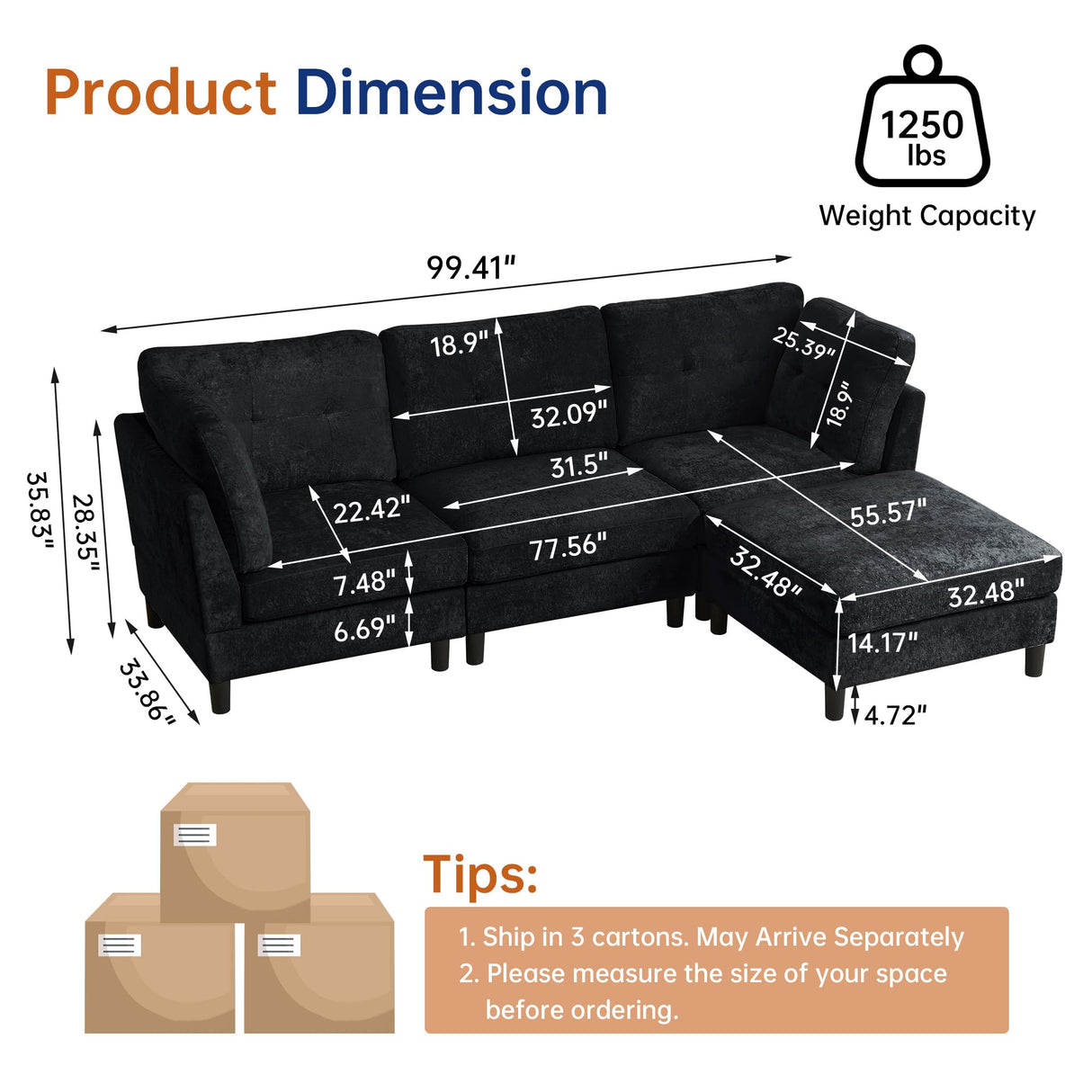Portaforta 100" Oversized Sectional Couches for Living Room, Modular Sectional Sofa Couch, Modern Linen L Shaped Couch, 4 Seater Convertible Sofa for Living Room Apartment Office, Black Portaforta