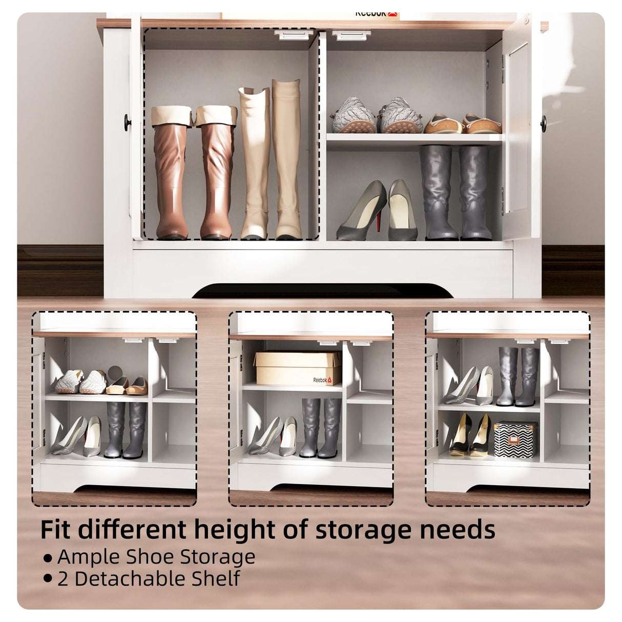 TOOBVEST Hall Tree with Shoe Storage, 5-in-1 Farmhouse Coat Rack with Shoe Bench, Standing Shoe Rack with 3 Hooks for Front Door Entrance Mudroom Entryway Bedroom Hallway Living Room, White and Walnut TOOBVEST