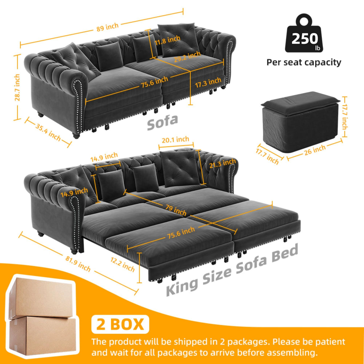 89" Velvet Pull Out Sofa Bed - 3-in-1 Convertible Sleeper Sofa with Ottoman, Button Tufted Chesterfield Sofa, Pull-out King Size Couch Bed, Space Saving for Small Spaces Apartments, Living Room, Grey Justdwells