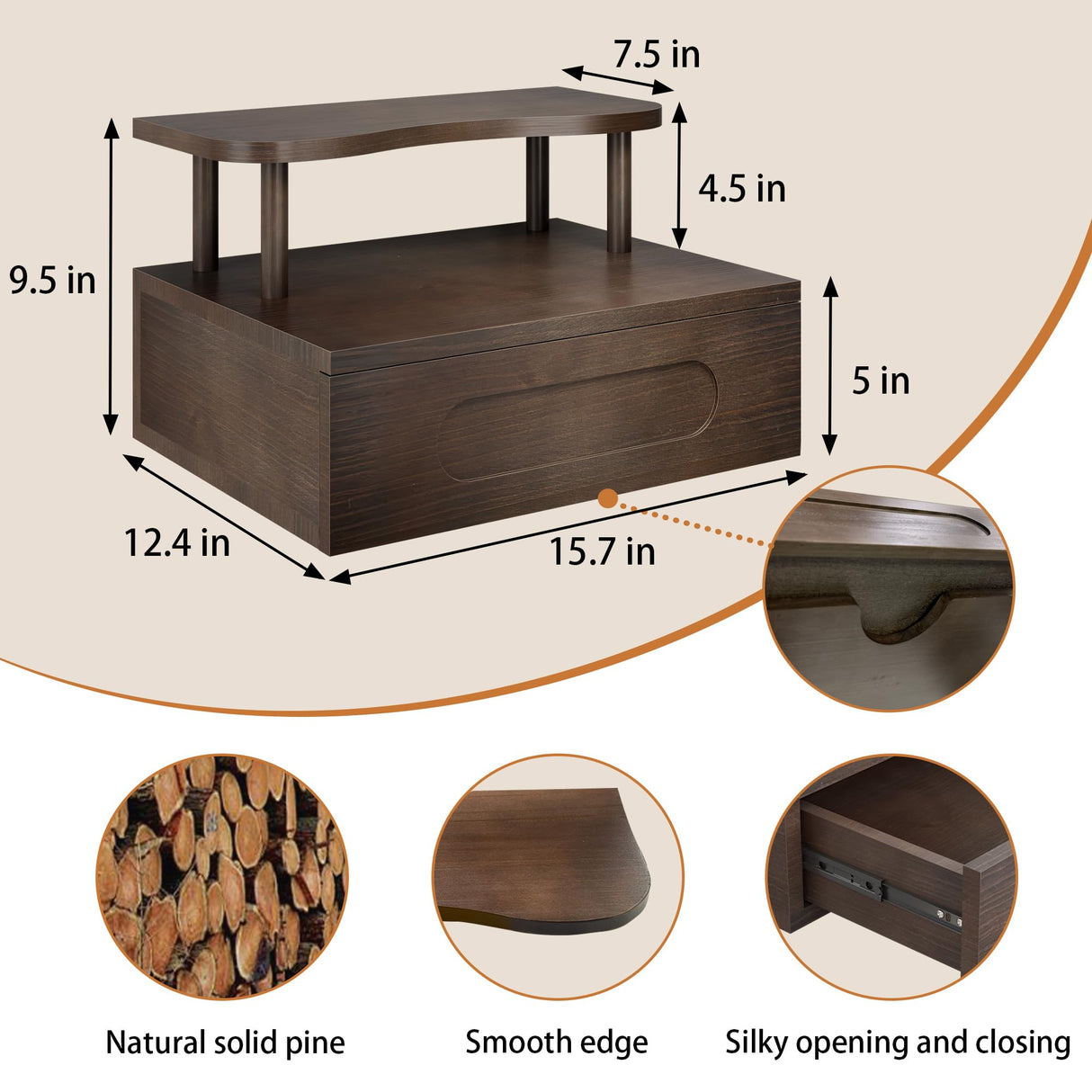 LUPWNEKA Floating Nightstand with Drawer - Brown Nightstand Floating Bedside Table, 2-Tier Wooden Bedroom Shelves for Wall, Morden Wall Mounted Nightstand for Bedroom, Bathroom, Study Room LUPWNEKA