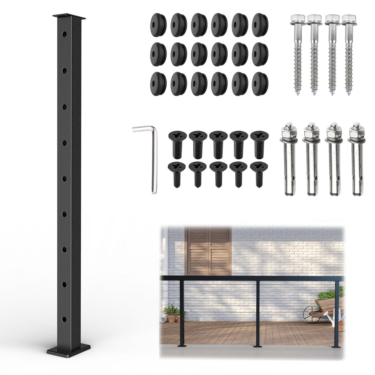 HEIDIBEAR Cable Railing Post, Flat Top Level Drilled Post Black Stainless Steel Deck Post 36’’x2’’x2’’-9Holes with Protector Sleeve Cable Railing System Wood Concrete Level Deck, PF01-L HEIDIBEAR