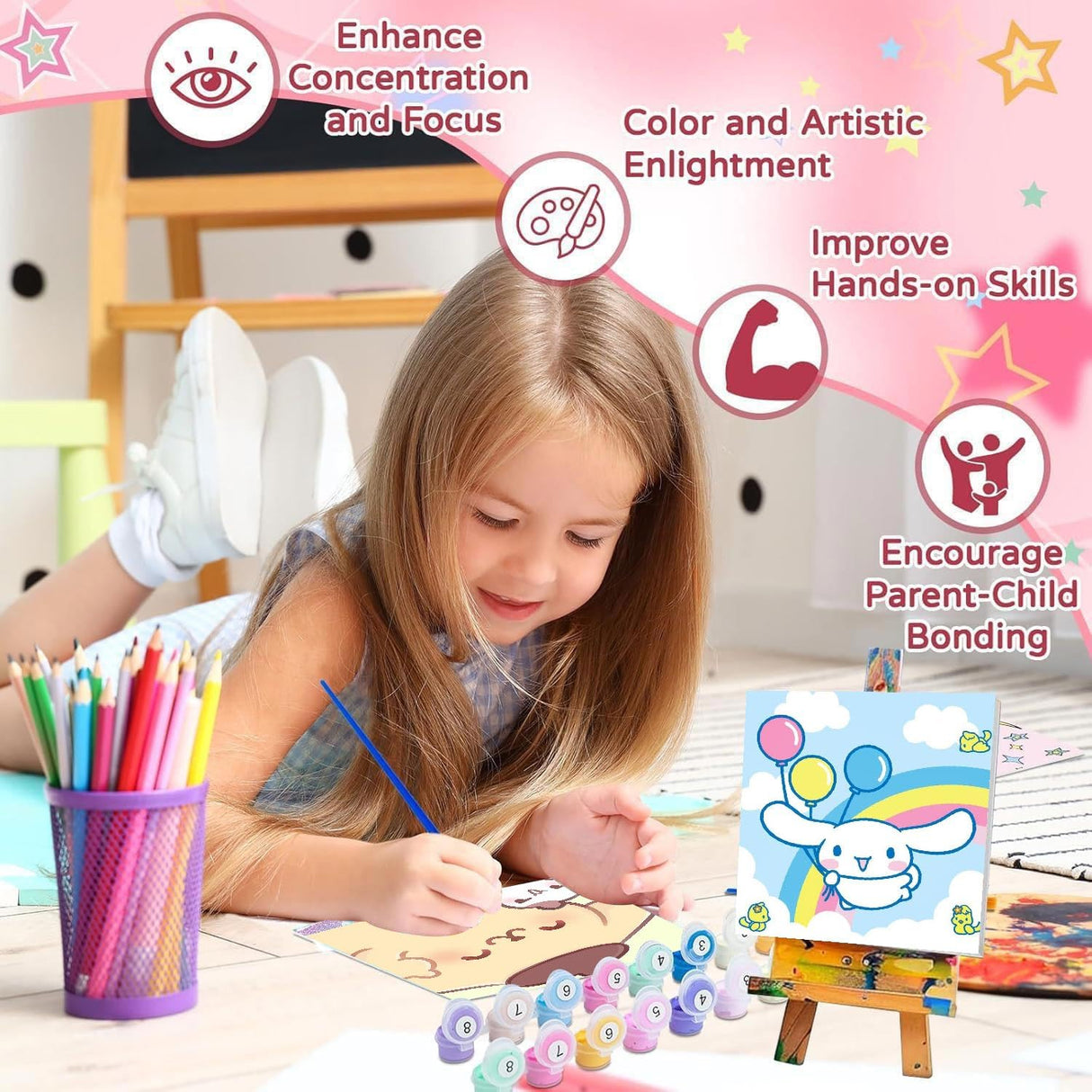 nekpiahu 6 Pack Cartoon Paint by Numbers for Kids with Framed Canvas-Cartoon Paint by Numbers for Kids Ages 4-8-12, Kid Paint by Number Crafts Kits for Home Wall Decor GIF 8X8incht(with Wooden Easel) nekpiahu