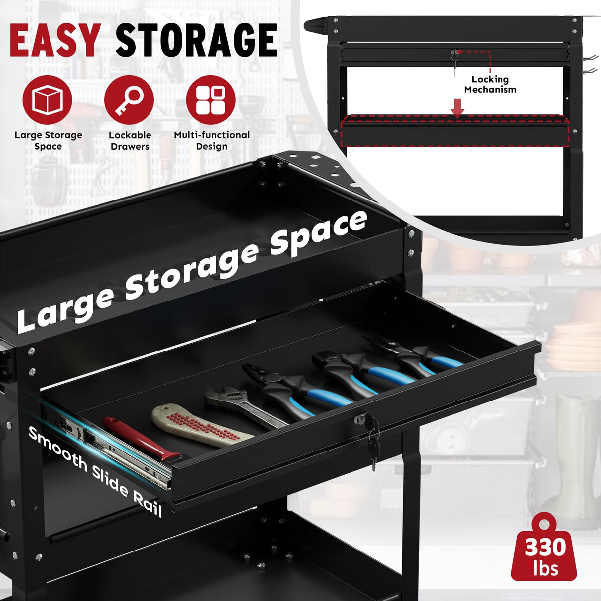 Granper 3 Tier Rolling Storage Cart, Heavy Duty Utility Industrial Service Cart on Wheels, Metal Tool Cart with Locked Drawers, Ideal for Garage, Warehouse and Repair Shop(Black) Granper