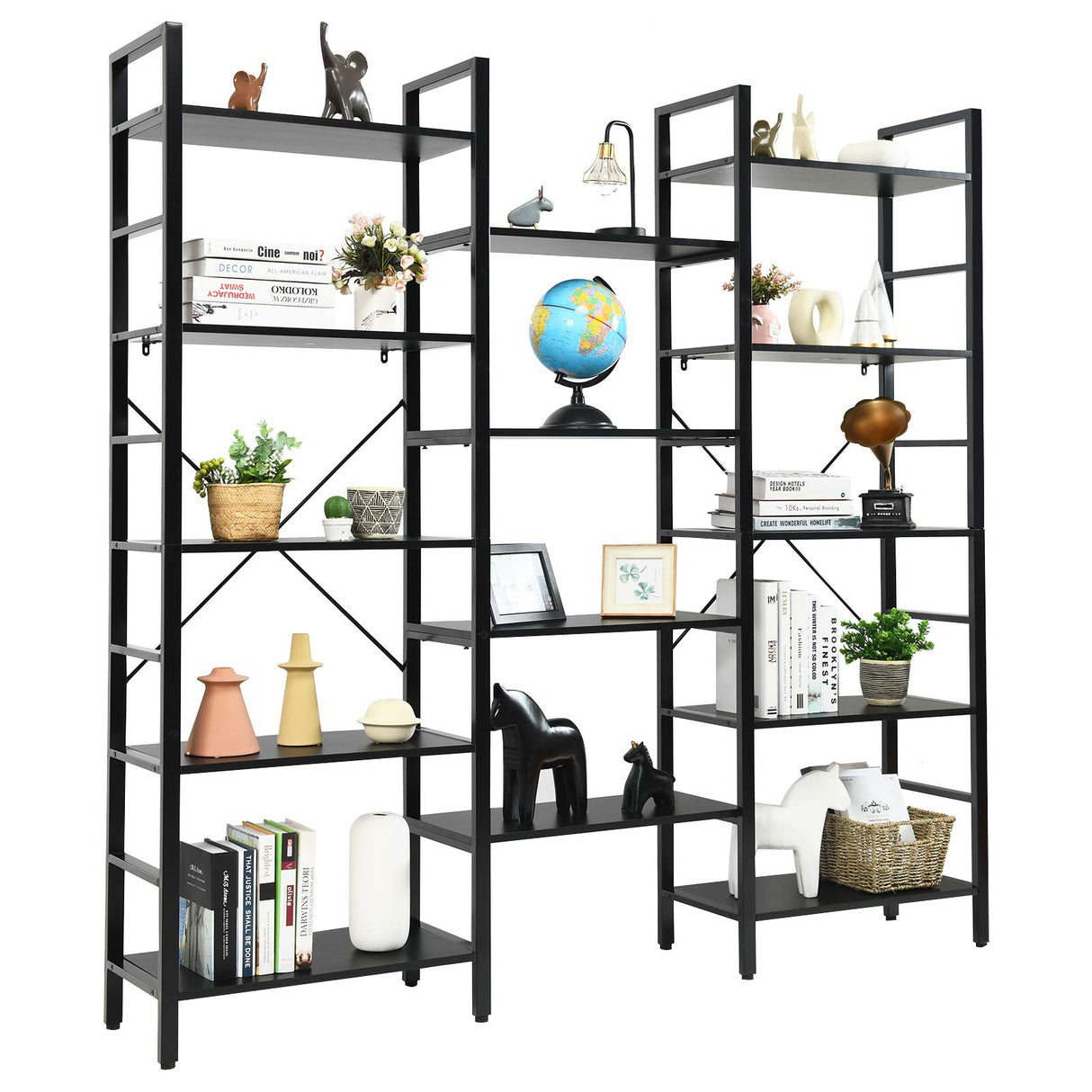 Tangkula Triple Wide 5-Tier Bookcase, Large Open Bookshelf, Display & Storage Shelf, Vintage Industrial Style Shelves with Metal Frame, Bookcase Furniture for Living Room, Study, Office (Black) Tangkula