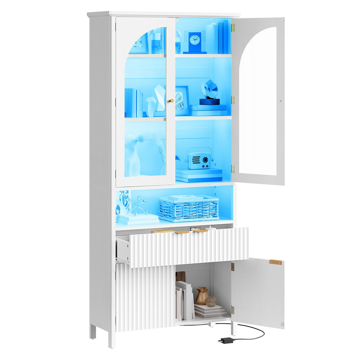 YITAHOME 72" Tall Fluted Bookshelf with LED Lights, White Bookcase with Drawers, Arched Glass Doors, 6-Tier Storage Cabinet Bookcase for Living Room, Office and Study YITAHOME