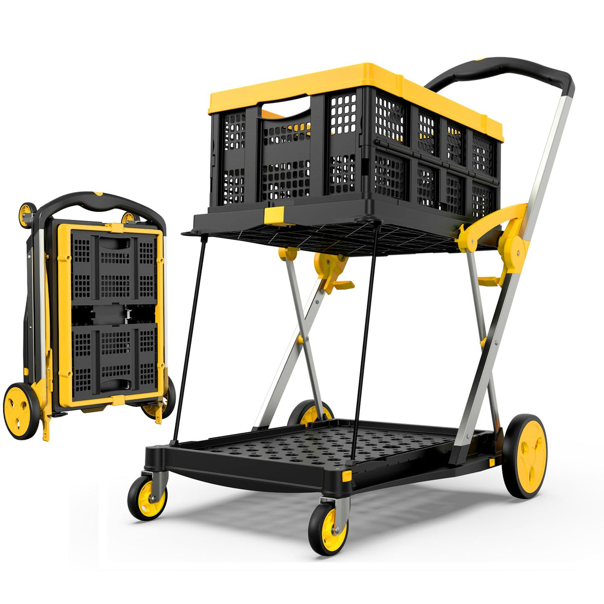 TOLRET Utility Cart, 200 lbs Capacity Folding Shopping Cart, Multi-Functional Collapsible Cart, Platform Hand Truck with Foot Brake, Grocery Cart on Wheels Foldable with Storage Crate, Yellow TOLRET