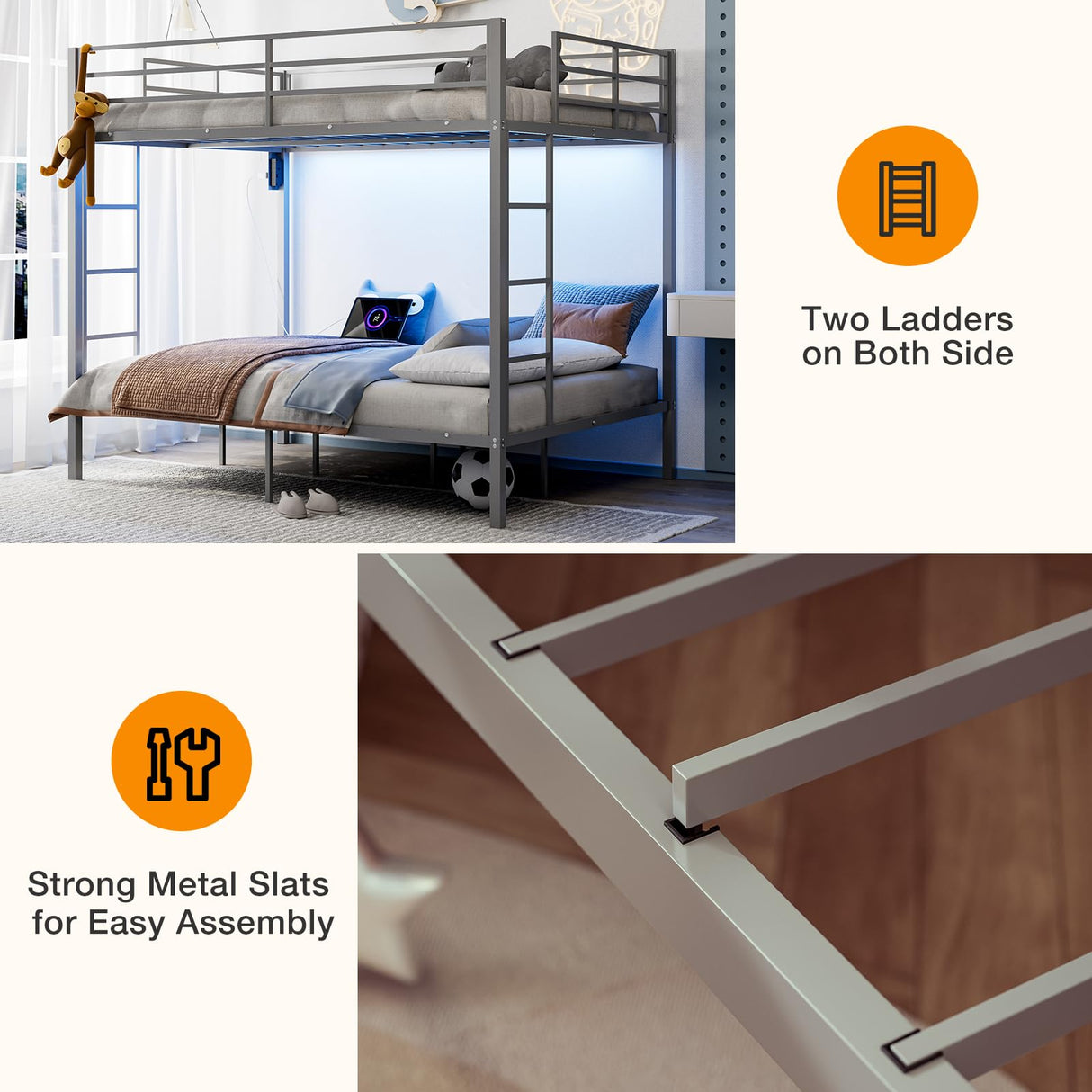 IKIFLY Full Over Full Bunk Beds with LED Lights and Charging Station, Heavy Duty Metal Full Size Bunk Bed Frame, Safety Guardrail & 2 Ladders, Space-Saving Design, No Box Spring Needed, Silver Grey IKIFLY
