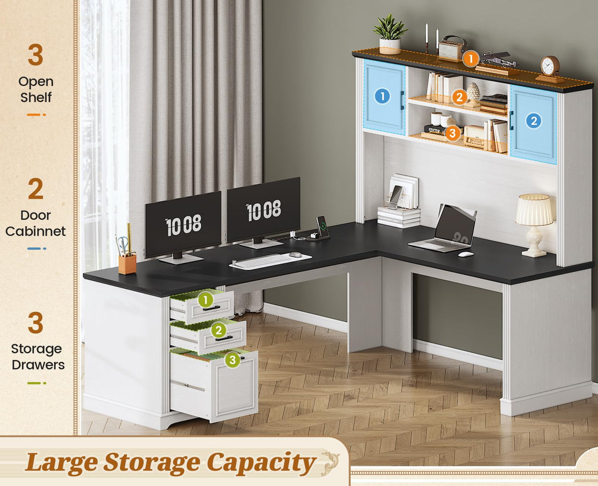 SEDETA Farmhouse L Shaped Desk with Hutch and 3 Drawers, 68.9" Executive Office Desk with File Drawer and Power Outlet, Corner Computer Desk with Storage Shelves for Home Office, White SEDETA