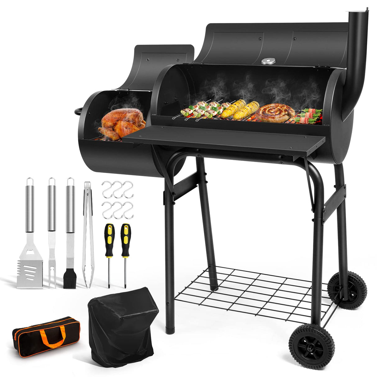 Barrel Charcoal Grill with Offset Smoker, HaSteeL Outdoor BBQ Grill Set of 15, Large Camping Grill for Patio Backyard Garden Smoking Barbecue, Grill Cover, Spatula, Tong, Brush, Fork, Carrying Bag HaSteeL