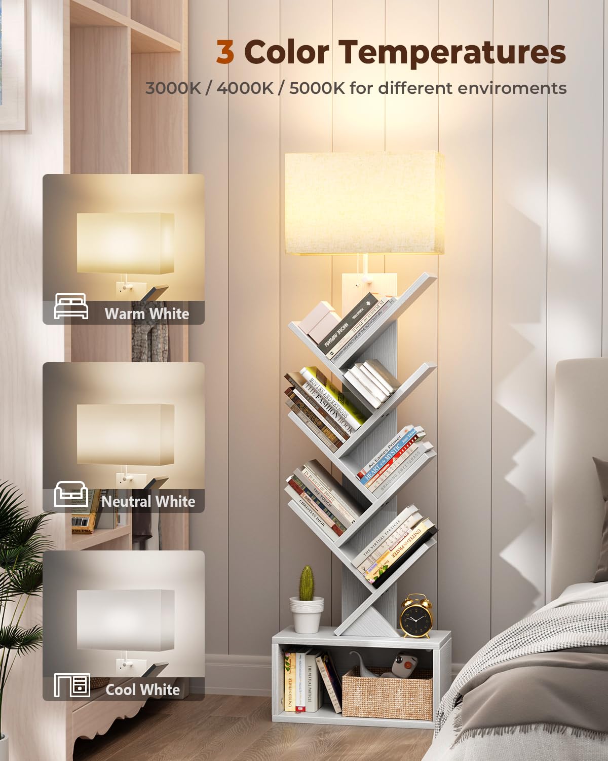 Evermagin 6 Tier Tree Bookshelf with Light, Narrow Bookcase Tower, Tall Floor Standing Book Shelf Organizer with Storage Cabinet for Living Room, Bedroom and Home Office, White Evermagin