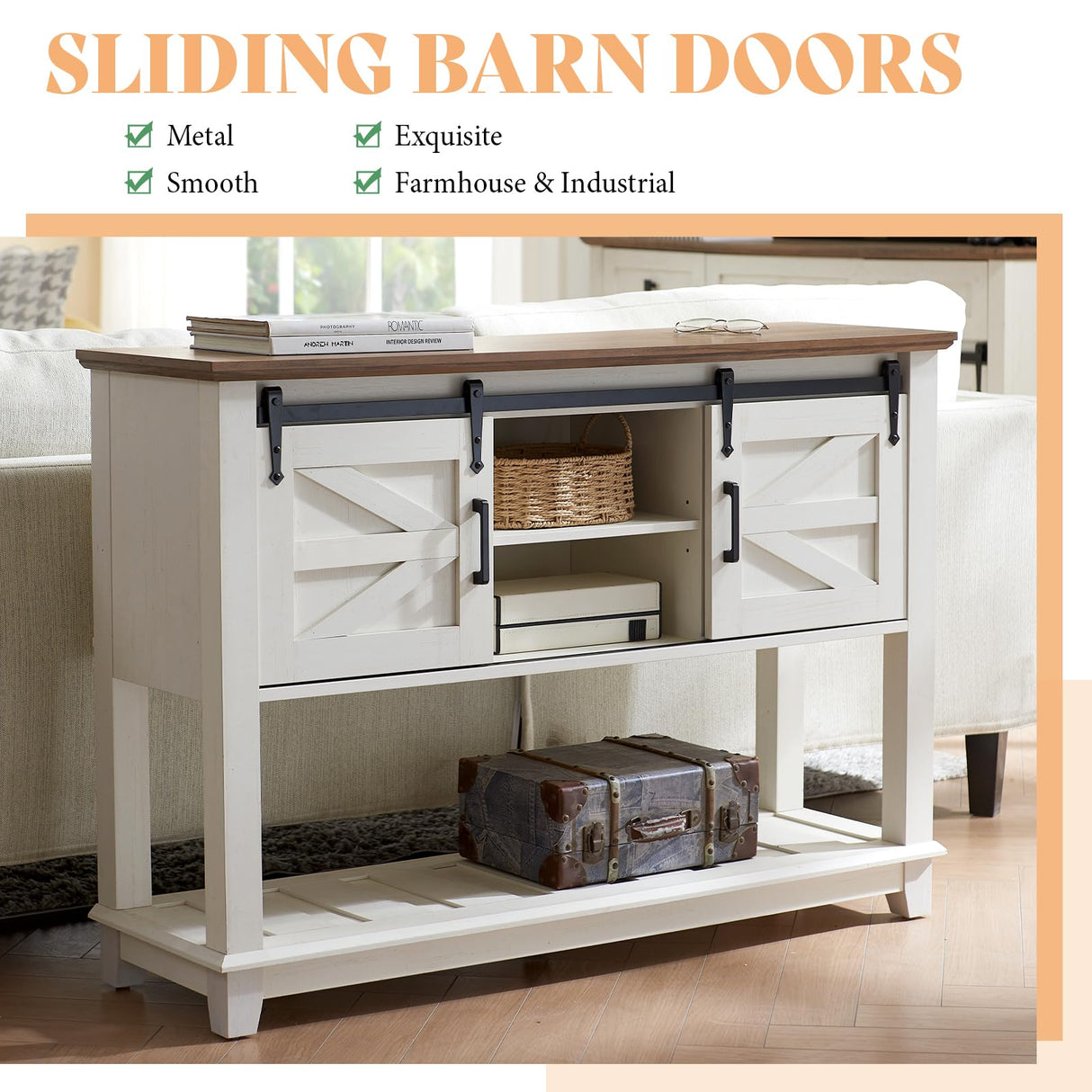 AMERLIFE Sofa Table with Sliding Barn Doors, TV Console Table, 46" Farmhouse Rustic Storage Entryway Table, Adjustable Open Shelves, Hallway, Living Room, Bedroom, Antique White AMERLIFE