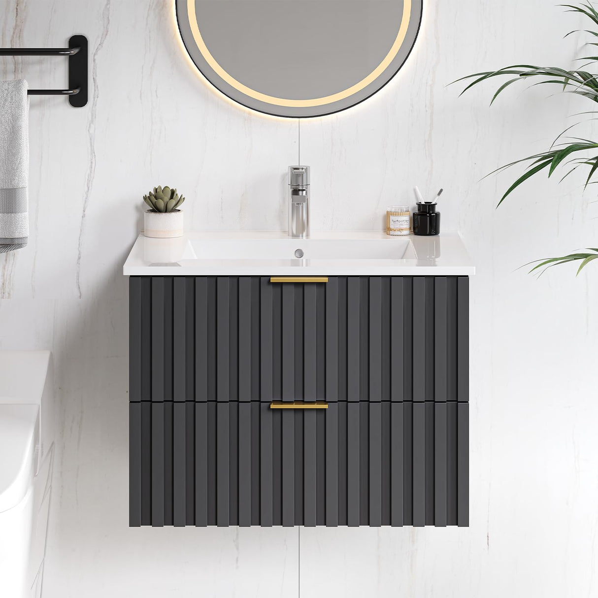 ONBRILL 24 Inch Bathroom Vanity with Sink Combo, Floating Bathroom Vanity with 2 Fluted Drawer & Metal Handles, Modern Wall Mount Bathroom Cabinet with Ceramic Integrated Sink for Small Space (Black) ONBRILL