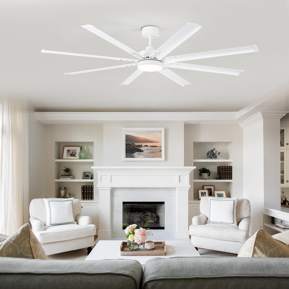 72 inch Ceiling Fans with Lights, Large White Industrial Ceiling Fan with LED and Remote Control, 6 Speeds Reversible DC Motor and 8 Blades Ceiling Fan for Indoor/Outdoor Patio Bedroom Living Room Breezary