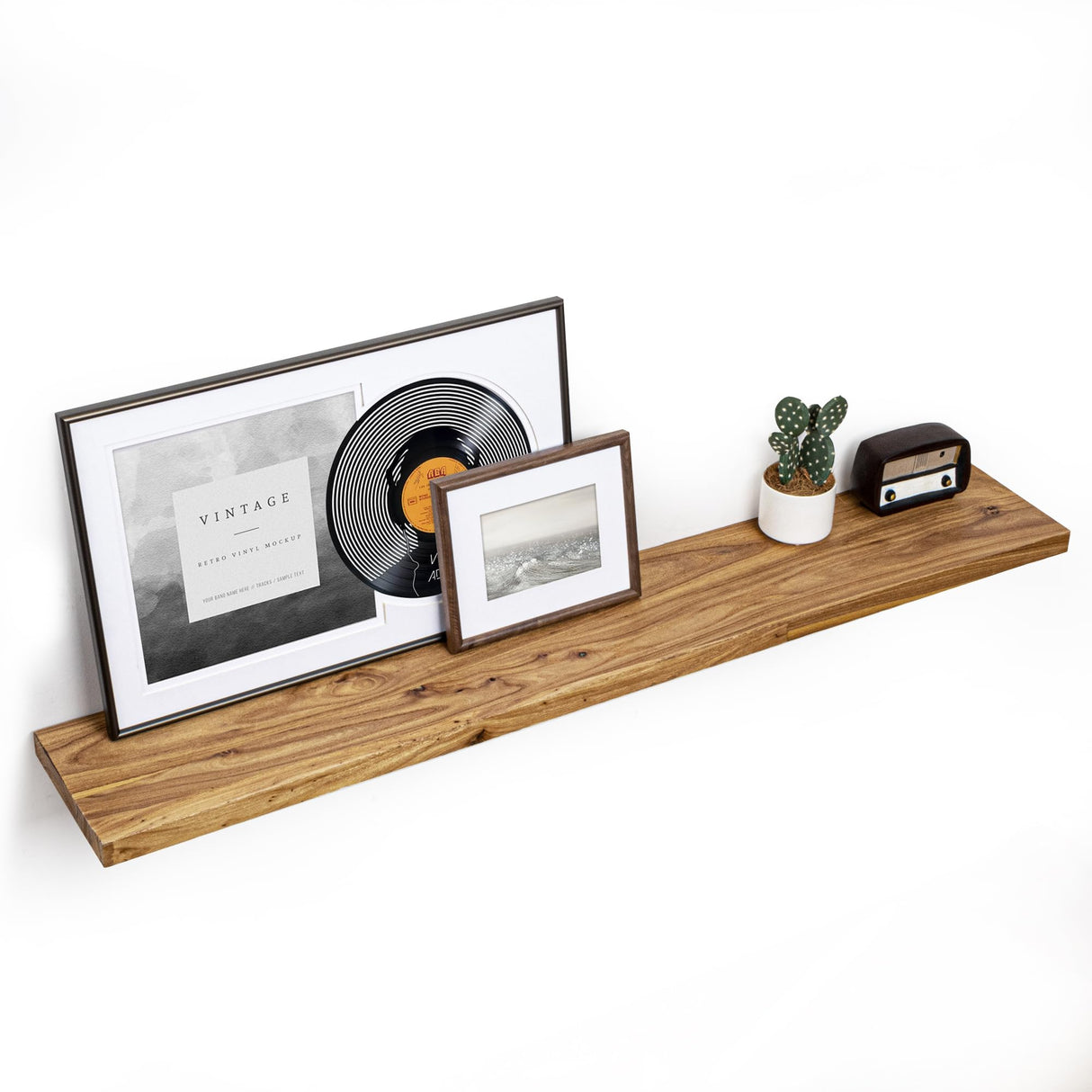 Fun Memories 55 Inch Floating Wood Shelves, 9.3" Deep Solid Elm Fireplace Mantel Shelf, Rustic Wall-Mounted Display Shelves with Invisible Heavy-Duty Metal Bracket, Natural Fun Memories