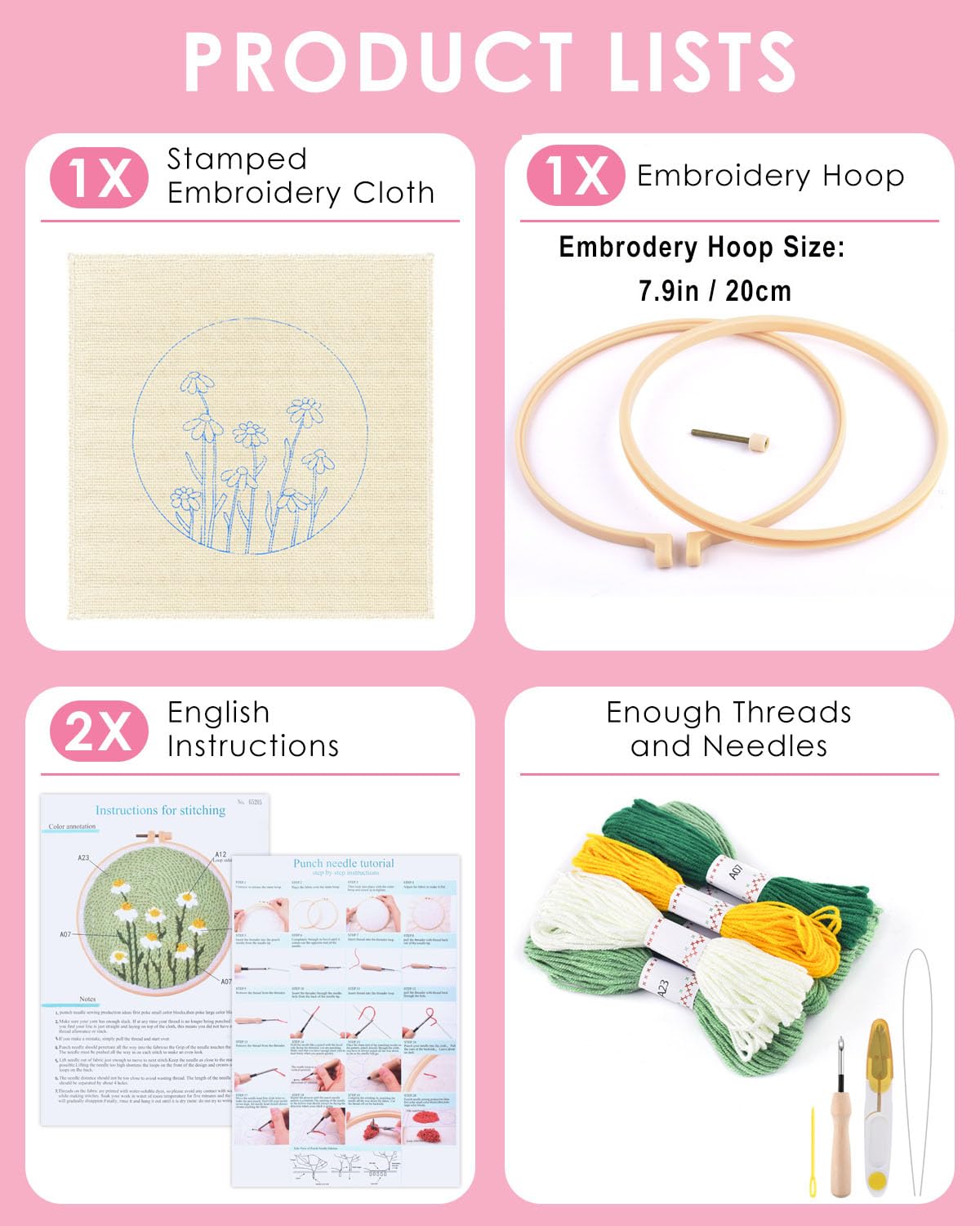 TINDTOP Punch Needle Kit, Daisy Punch Embroidery Kits for Adults Beginner, Tool with Punch Needle Fabric, Hoops, Yarns and Sewing Needles TINDTOP