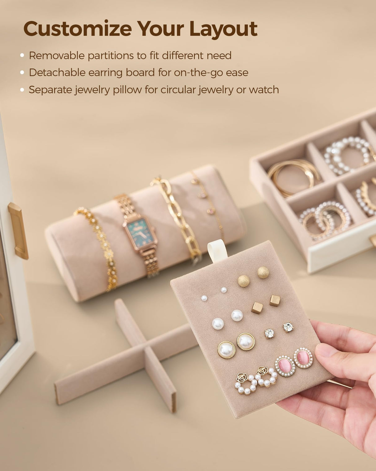 Glimmloop 360° Rotating Jewelry Box with 5 Drawers, Spacious Vertical Jewelry Organizer with Glass Window, Jewelry Storage Case, Dustproof & Moisture-resistant Design, White Glimmloop