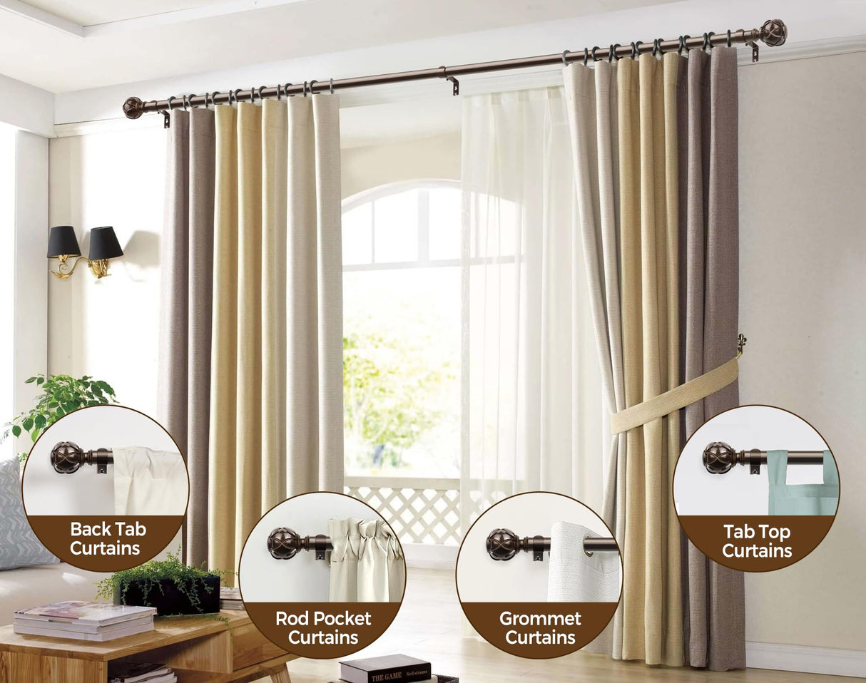 KAMANINA 1 Inch Curtain Rod Telescoping Single Drapery Rod 36 to 72 Inches (3-6 Feet), Antique Bronze Curtain Rods for Windows 24 to 68 Inches, Netted Texture Finials KAMANINA