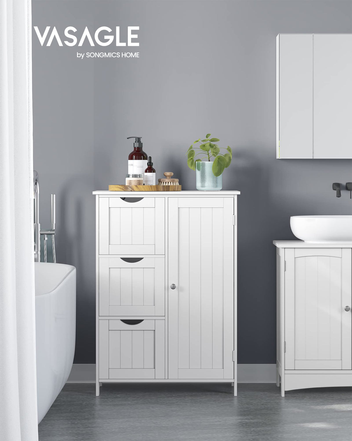 VASAGLE White Bathroom Storage Cabinet with 3 Drawers and Adjustable Shelf, Freestanding Organiser VASAGLE