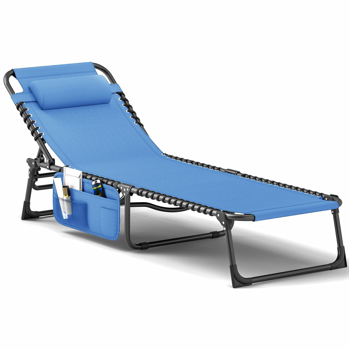 DWVO Patio Lounge Chair, Portable Recliner Lounge Chair Folding Camping Cot, Reclining Chairse Lounge 5 Posistion Adjustable w/Head Pillow & Portable Handbag for Camping, Pool, Beach and Patio, Blue DWVO