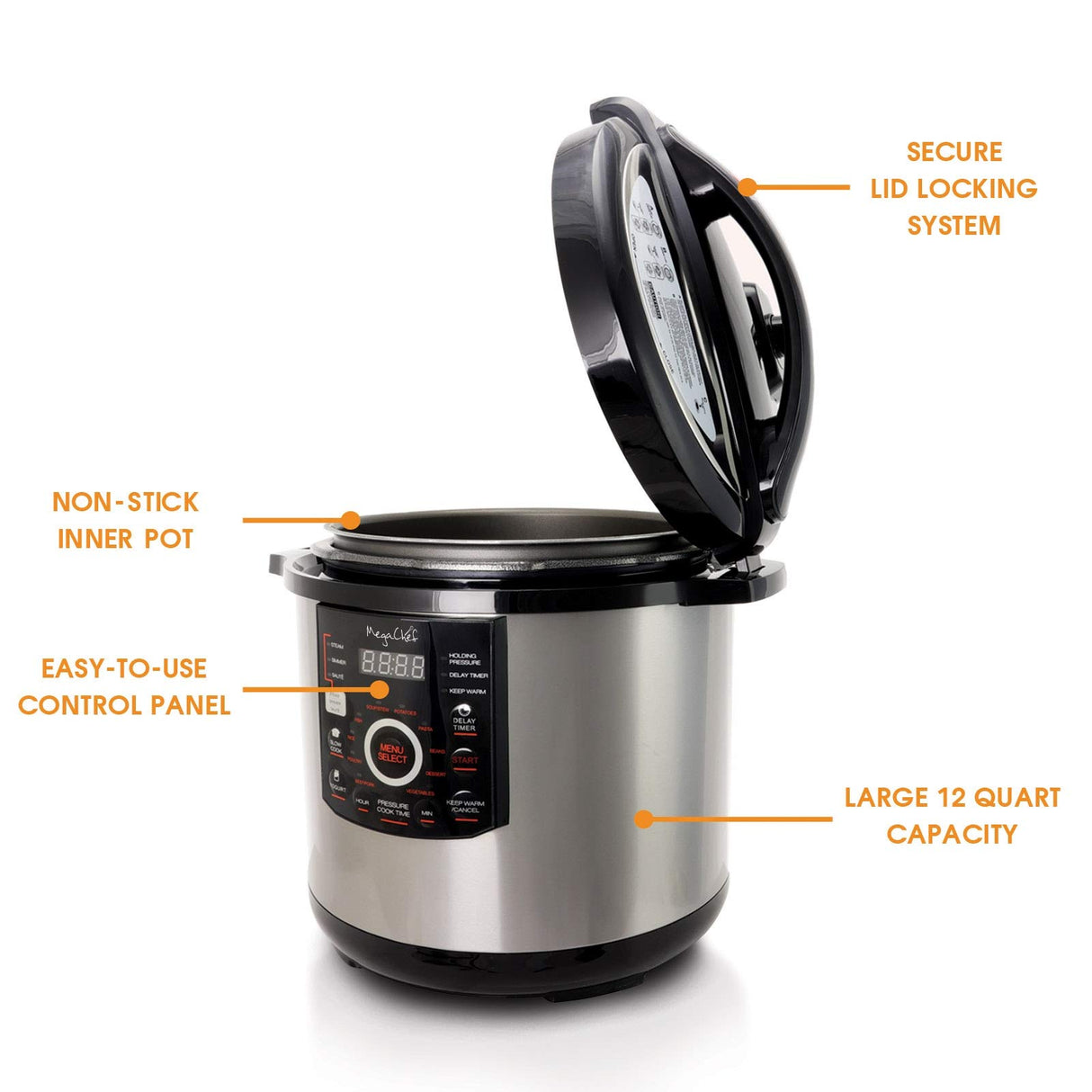 MegaChef 12 Quart Digital Pressure Cooker with 15 Preset Options and Glass Lid, Silver Megachef