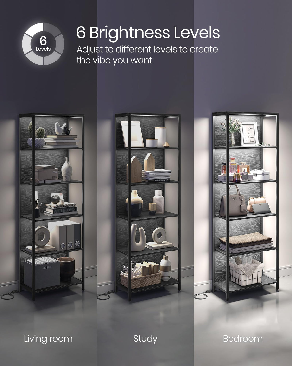 VASAGLE 6-Tier Dimmable LED Bookshelf with Steel Frame, Black Wood Grain Display Unit VASAGLE