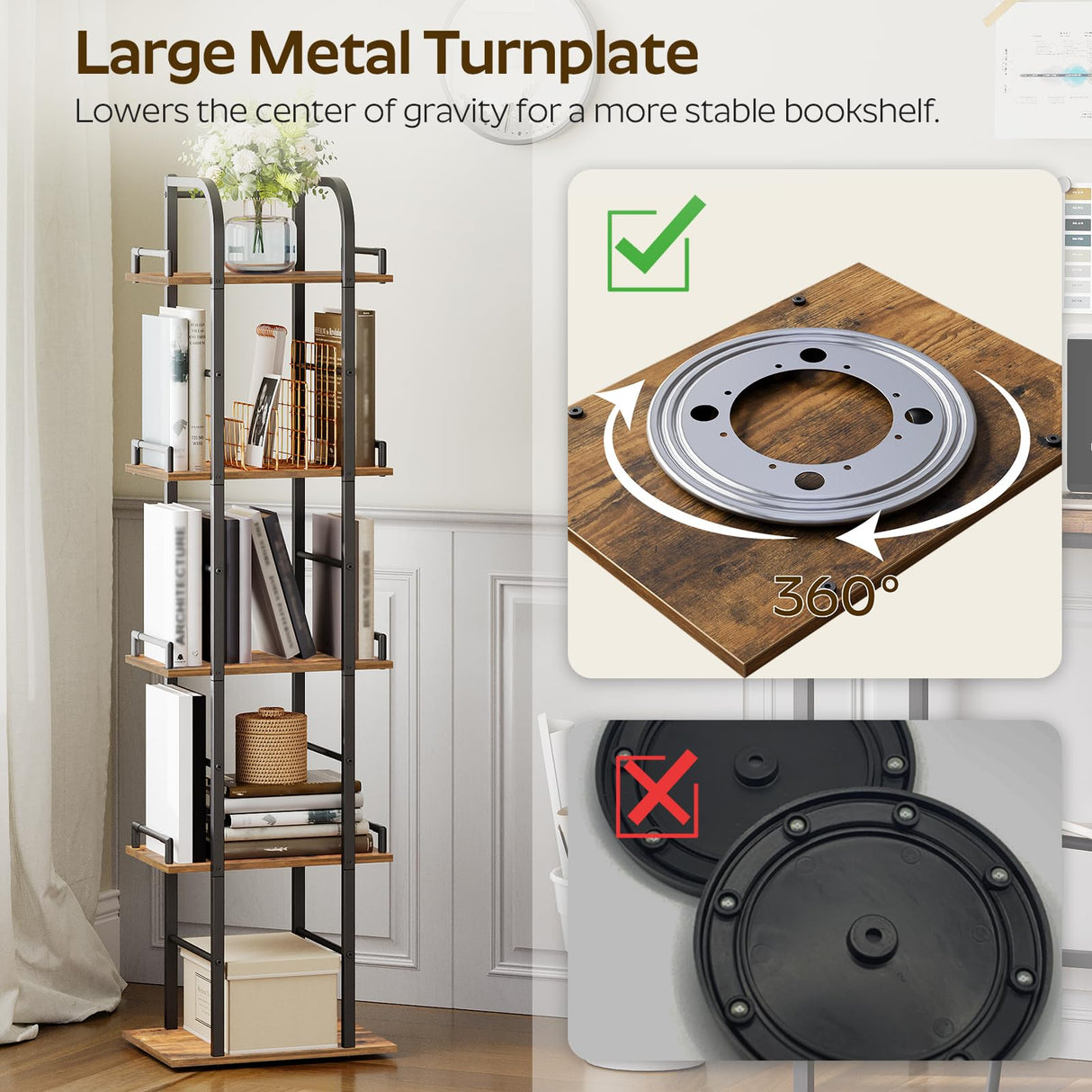 YATINEY Rotating Bookshelf, 5 Tier Spinning Bookcase Tower, 360 Display Narrow Bookshelf, Tall Industrial Corner Shelf Organizer, Storage Shelf Bookcase for Living Room, Rustic Brown and Black SJ02BR YATINEY